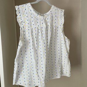 Loft White and Blue/Yellow Dots Cotton Split Neck Top